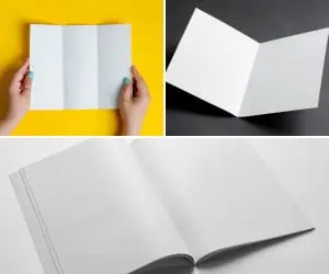 Displays a tri-fold brochure, bi-fold brochure and booklet brochure.