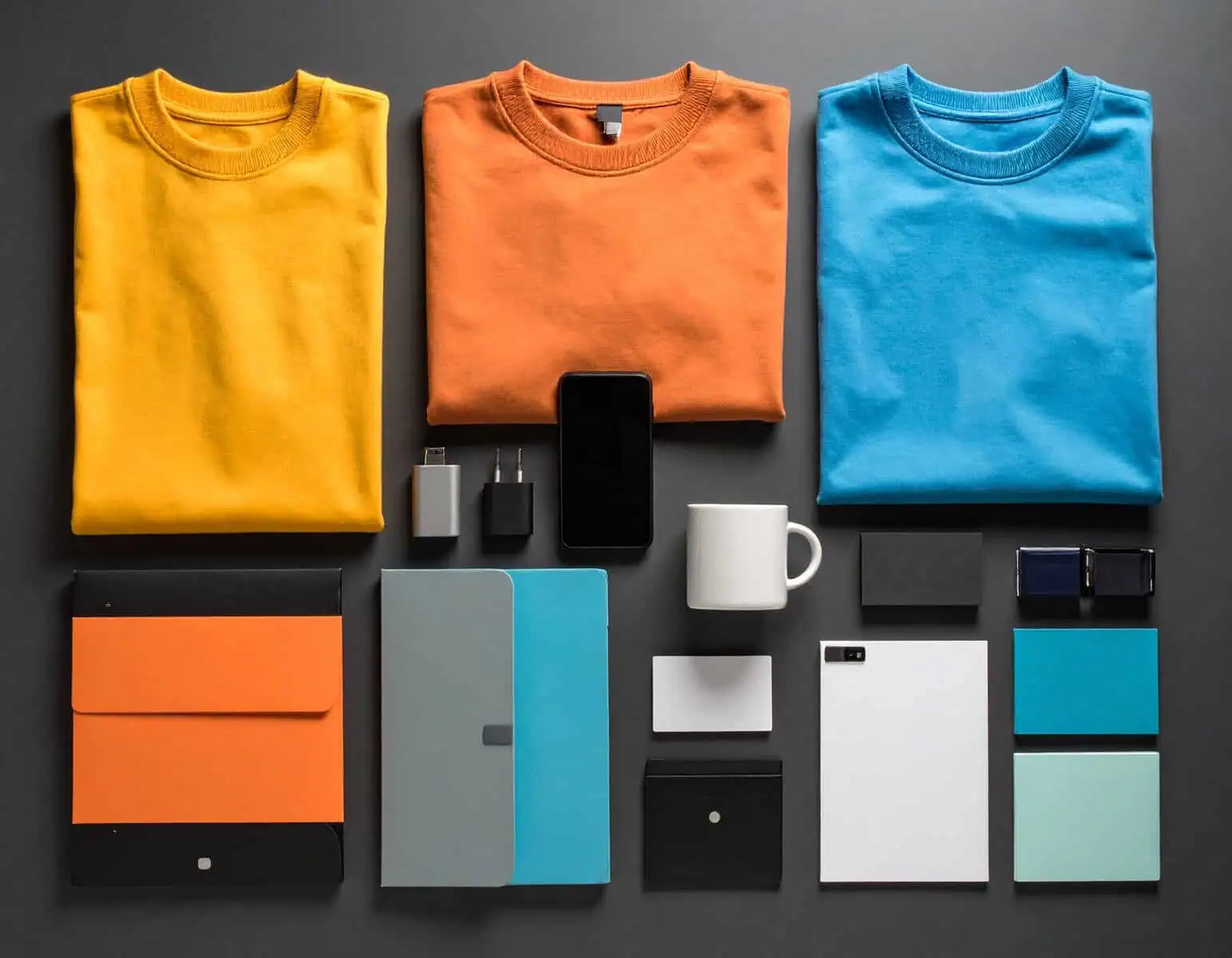 A display of different types of print marketing materials like swag - sweatshirts, tshirts, mugs and paper products and folders.