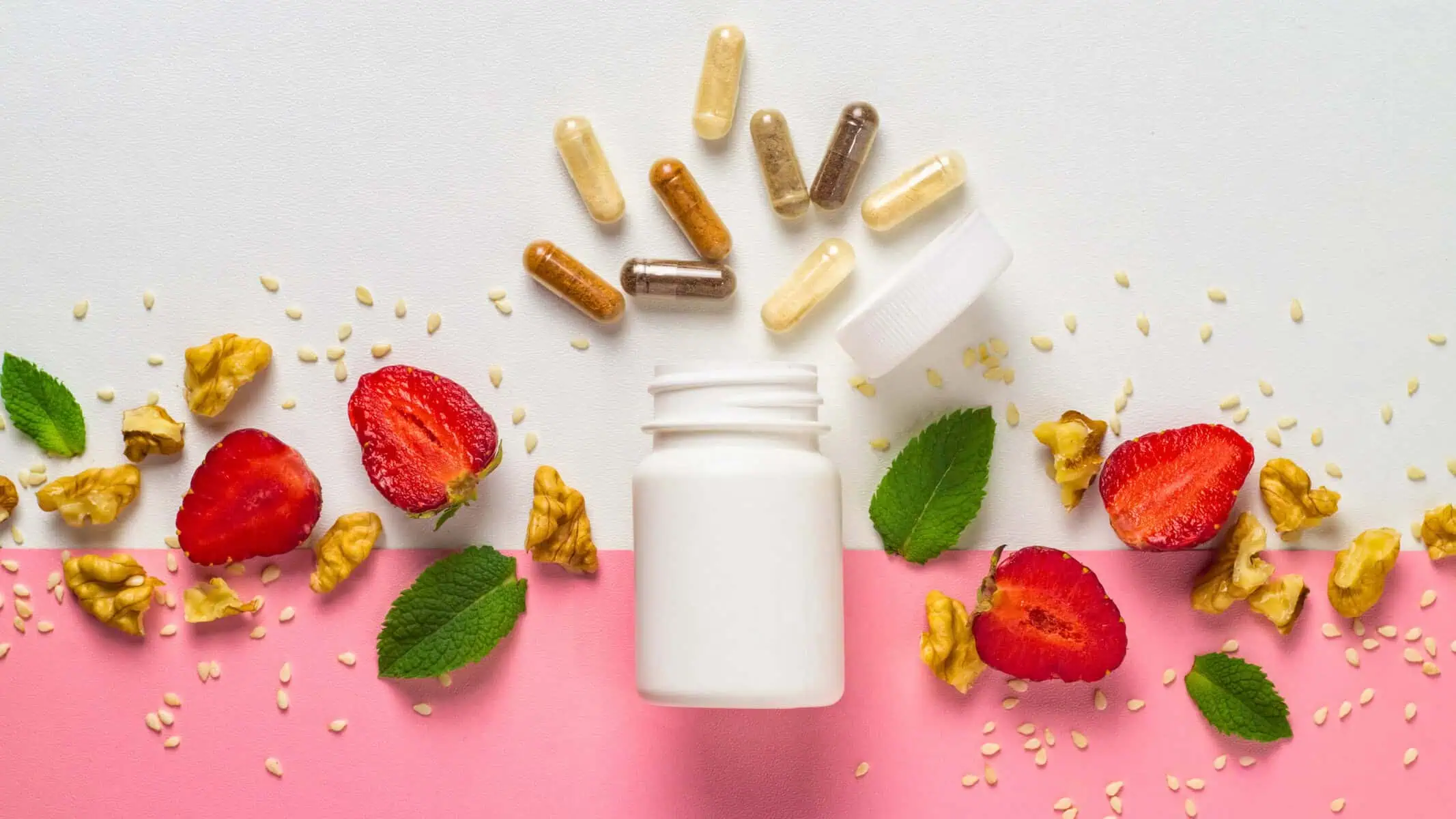 Nutraceutical packaging concept with supplement capsules, natural ingredients, and white pill bottle — ideal for dietary supplement and folding carton design.