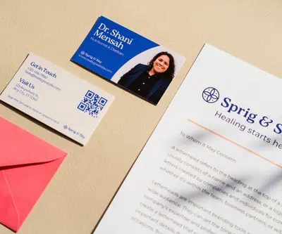 Branding collateral including business cards, flyers and handouts and envelopes