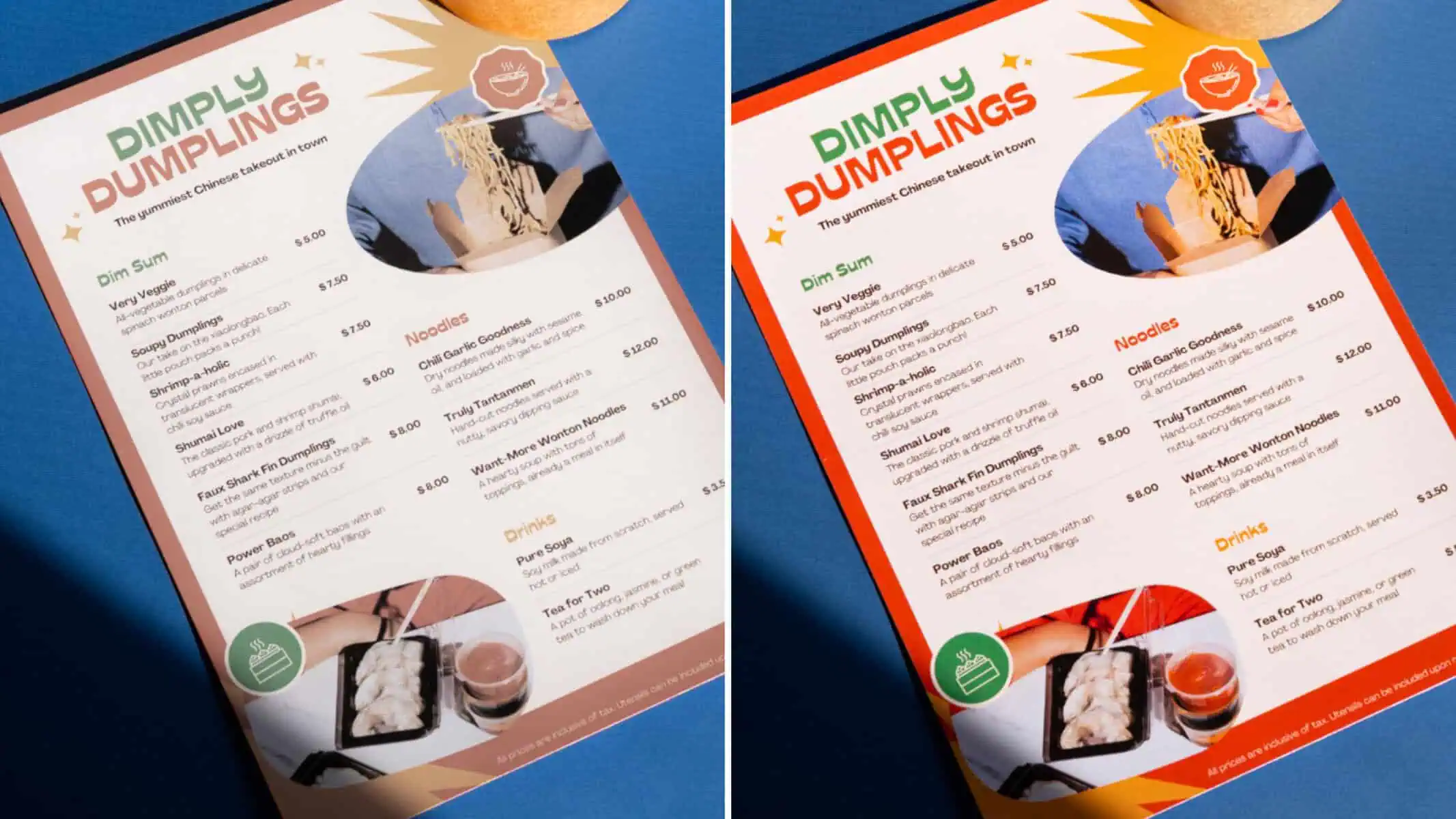 a restaurant menu printed with low quality, cheap printing versus high quality print