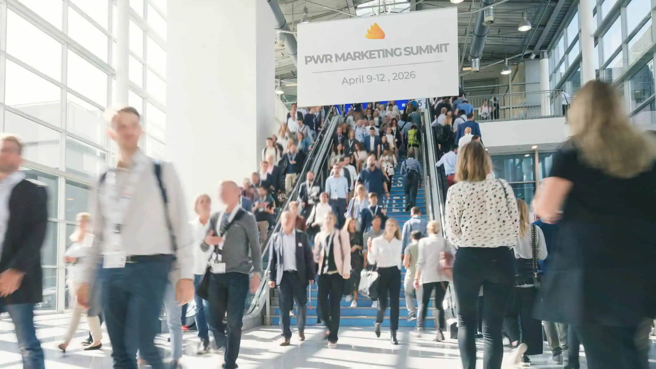 Busy marketing conference stairs going up to trade show.png