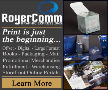 RoyerComm promotional graphic featuring print and packaging services including offset printing, digital printing, large format printing, books, packaging, direct mail services, promotional merchandise, fulfillment, warehousing, and storefront online portals.