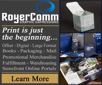 RoyerComm promotional graphic featuring print and packaging services including offset printing, digital printing, large format printing, books, packaging, direct mail services, promotional merchandise, fulfillment, warehousing, and storefront online portals.