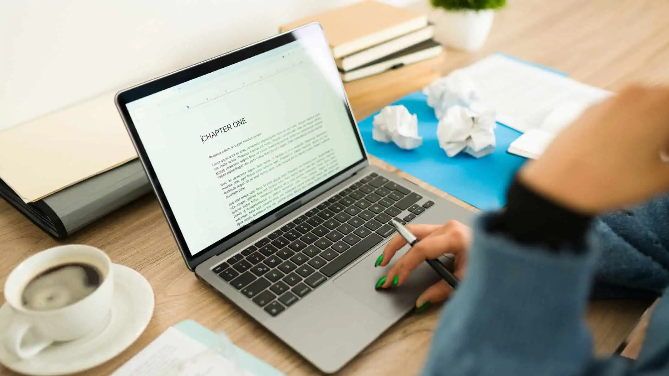 First-time author reviewing their manuscript before going to publishing a book
