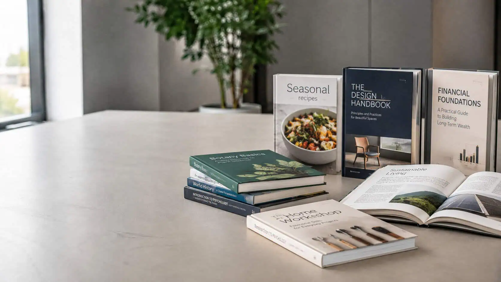 Table with short run books laid out like recipe books and guides and manuals