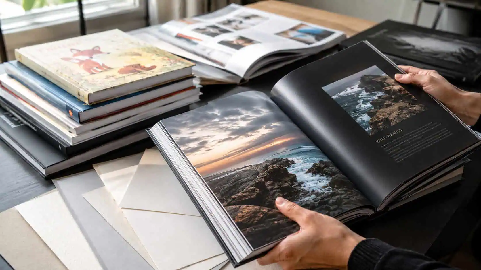 Author reviewing book samples to choose paper for new book