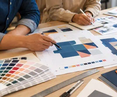 Print broker and graphic designer helping client navigate print product design choices