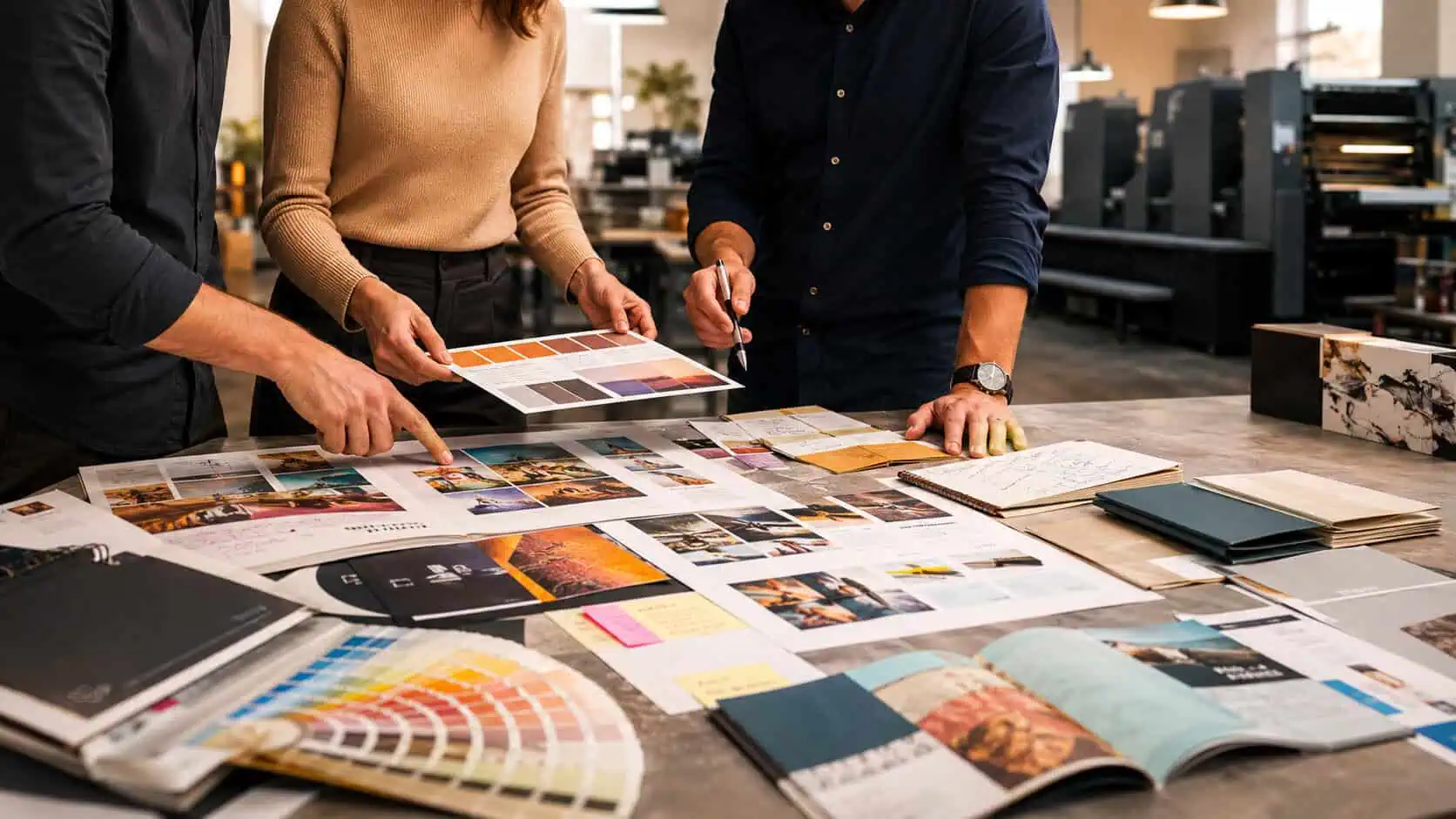 Print broker discussing new print campaign details with client
