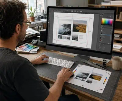 Print production designer resizing artwork with crop and bleed guides