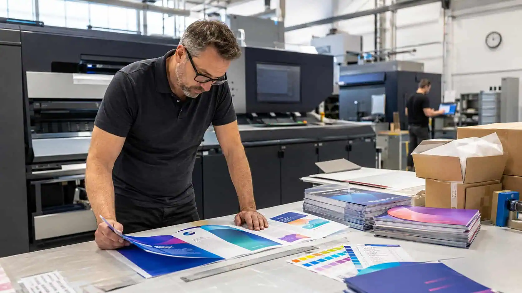 Print production specialist reviewing brochure proofs for a rush commercial printing project