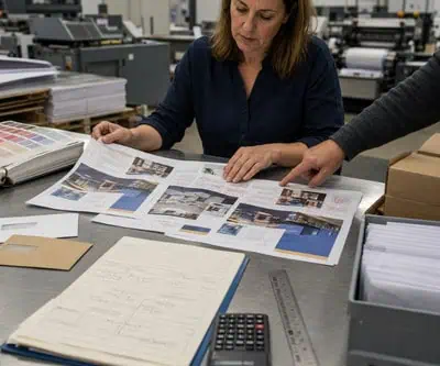 Print production team reviewing conflicting proof corrections and mailing materials before production