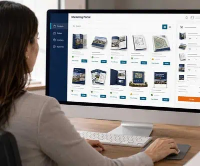 Sales person using print marketing portal to order new brochures