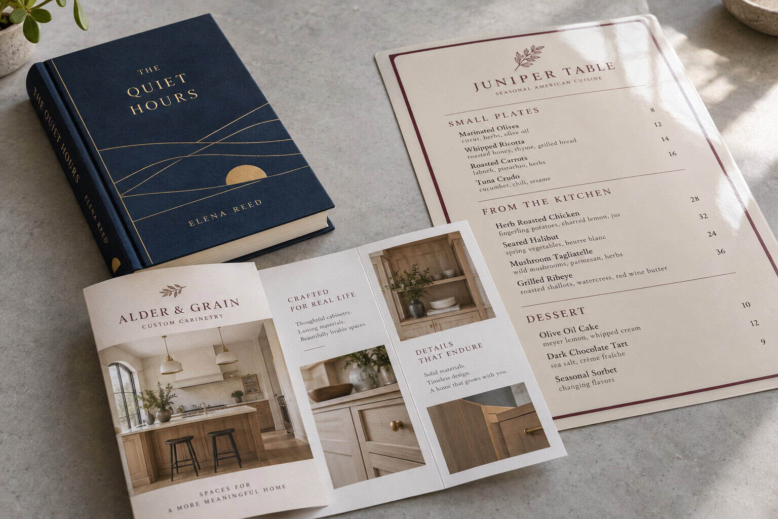 Elegant print collateral in three finishes