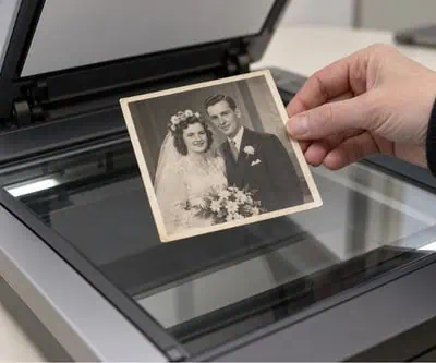 Vintage family portrait being art scanned for reproduction